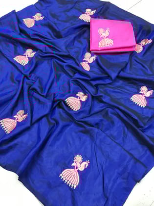 Flattering Navy Blue Colored Embroidered Party Wear Sana Silk Saree