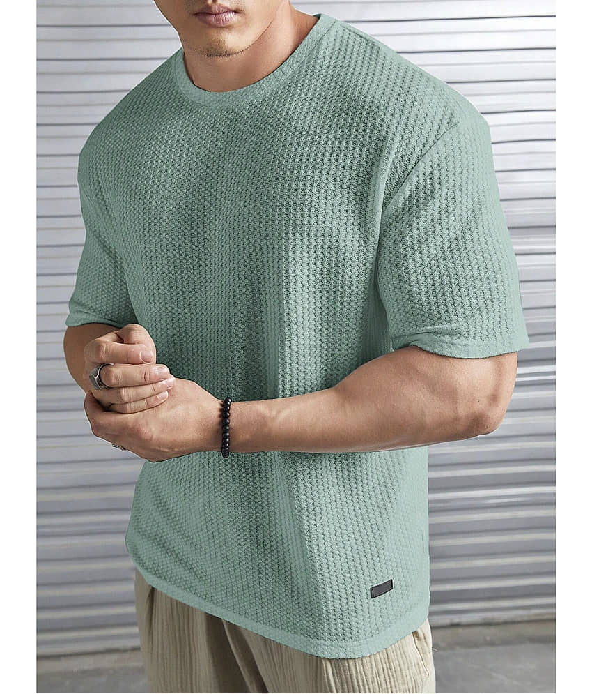 TAZO Cotton Blend Oversized Fit Self Design Half Sleeves Men's Round T-Shirt - Light Green ( Pack of 1 )
