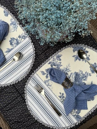 KRI India Bloom Sky of Flowers Linen Table Placemats Set|Set of 2|12x17.5 inches placemat | Ivory & Sky Blue | Wash & Care | 100% Cotton | Handcrafted in India. 100% organic & natural.