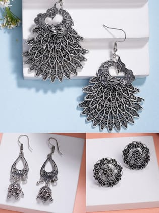 NVR Women's Set of 3 Silver Plated Oxidized Fashion Traditional Earrings-One Size / Silver / German Silver