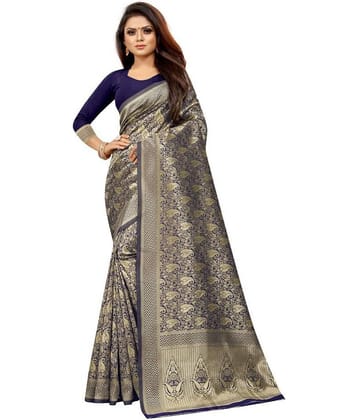 Gazal Fashions Banarasi Silk Self Design Saree With Unstitched Blouse Piece ( Blue )