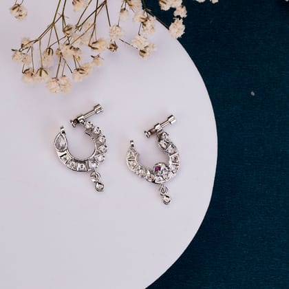 Crescent Bird-Shaped Rhodium Plated Combo Nose Pin-Red-White / Rhodium
