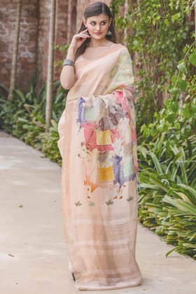 Modern Off White Color Linen Digital Printed Saree