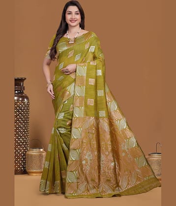 NENCY FASHIONS Silk Woven Kanjeevaram Sarees With Unstitched Blouse Piece ( LightGreen )