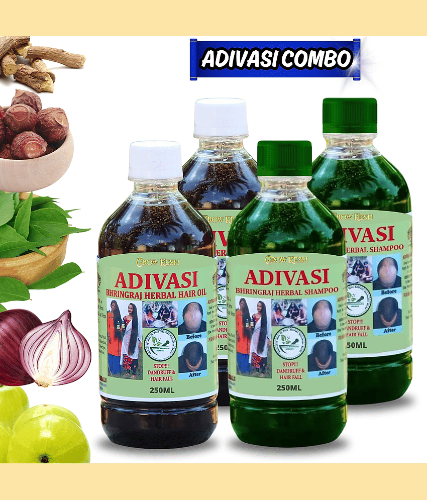 Adivasi Bhringraj Natural Hair Growth Herbal Hair Oil and Shampoo Combo(250 ml)(250 ml)Pack of 4