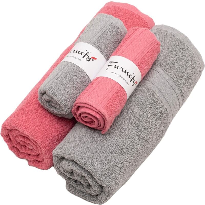 Furnofy Cotton 450 GSM Bath, Hand Towel Set Pink, Grey (Pack Of 4)