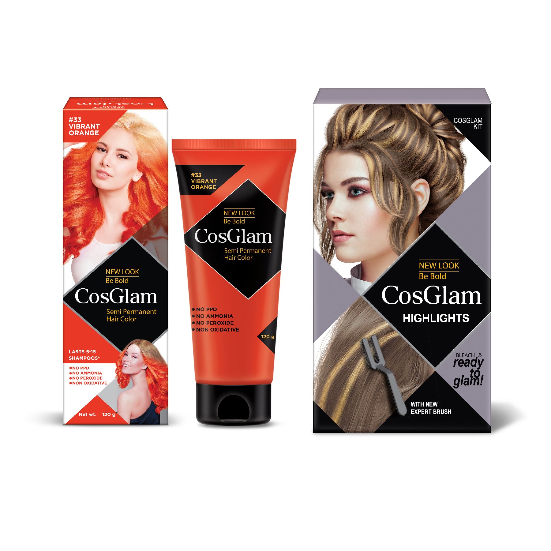 COSGLAM Semi Permanent Hair Color Vibrant Orange 120g and Hair Highlighter Kit 115g, Highlights Hair Dye