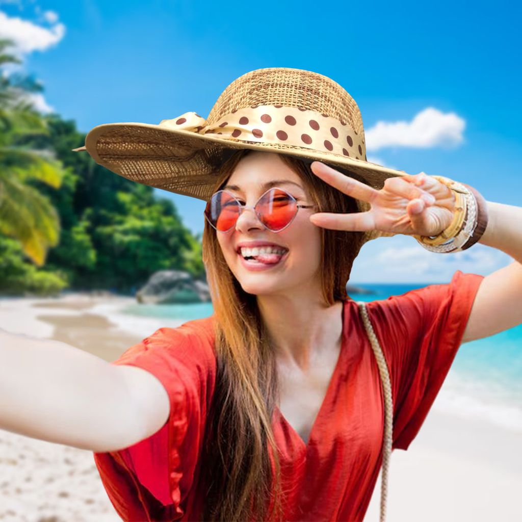 Summer Cane Beach Hats with Polka Dot Ribbon