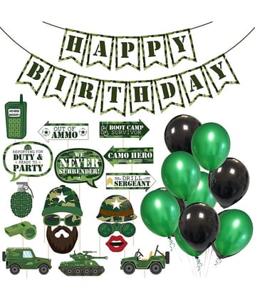 Zyozi  18 Pcs Army Photo Booth Props with 1 Set Banner and 20 pcs Balloons,Camouflage Theme Selfie Props,Fighting Birthday Party Supplies,Military Photography Backdrop Decorations