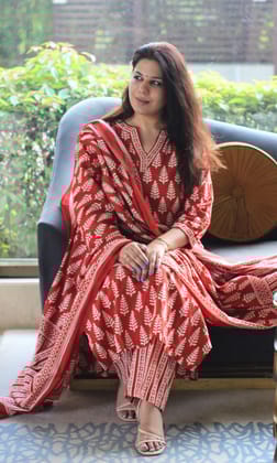 Cotton Red Leaf Print Suit Set with Cotton Printed Dupatta-XXS