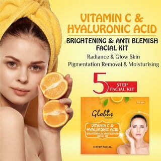 Globus Anti-Ageing Hyaluronic Acid and Vitamin C Lightening Brightening Facial Kit For Beautiful  Glowing Skin  5 Step Clarifying Anti Aging Kit