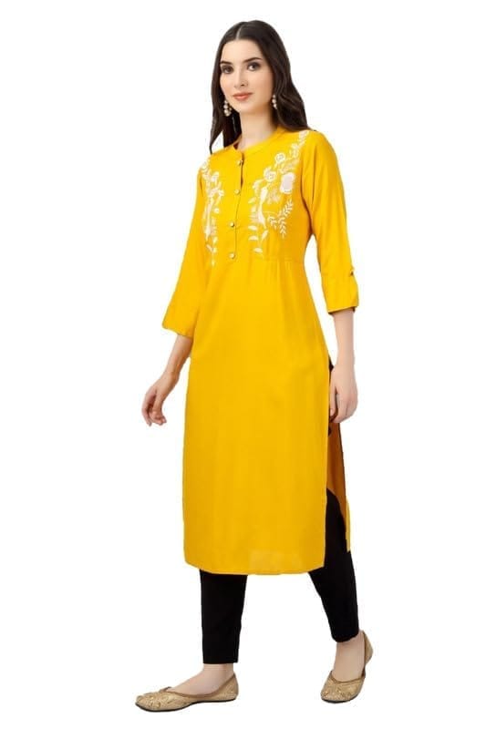 Women's Embroidered Calf Length Rayon Kurti (Yellow, S)-PID46339