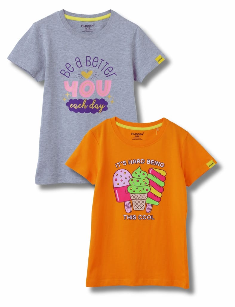 Luxurious Kids Girls T-Shirt Grey Heather Mélange / Vibrant Orange, Soft Cotton, Ages 7-14 (2pcs