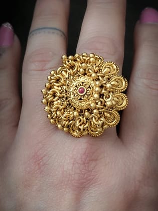 Flower design with ruby stone bead hangings adjustable ring-Gold
