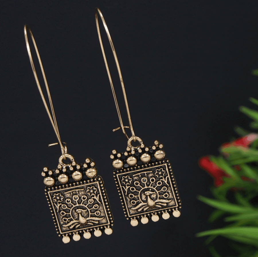 Antique Gold/Silver Plated Peacock Design Hook Long Earring-