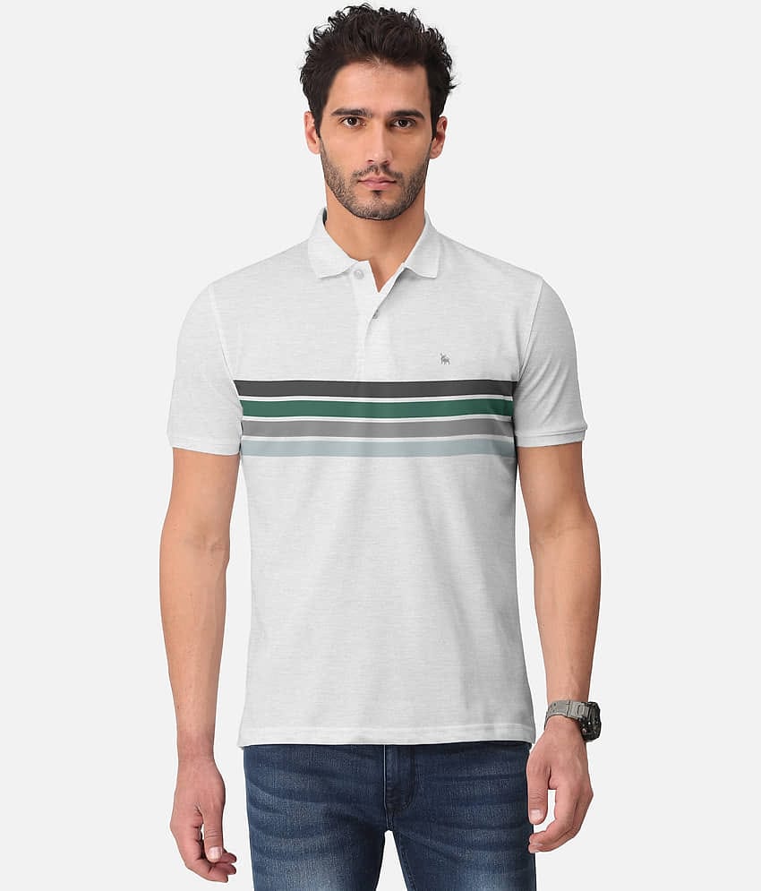 BULLMER Pack of 1 Cotton Blend Regular Fit Striped Half Sleeves Men's Polo T Shirt ( White )