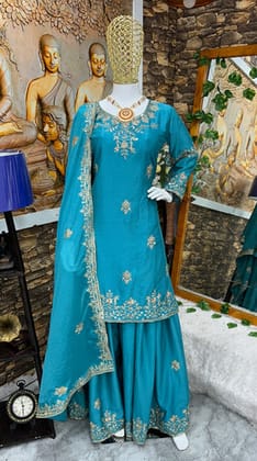 Beautiful Party Wear Top And Sharara With Fancy Dupatta