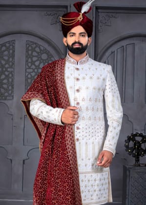 White and Maroon Designer Sherwani for Groom-S