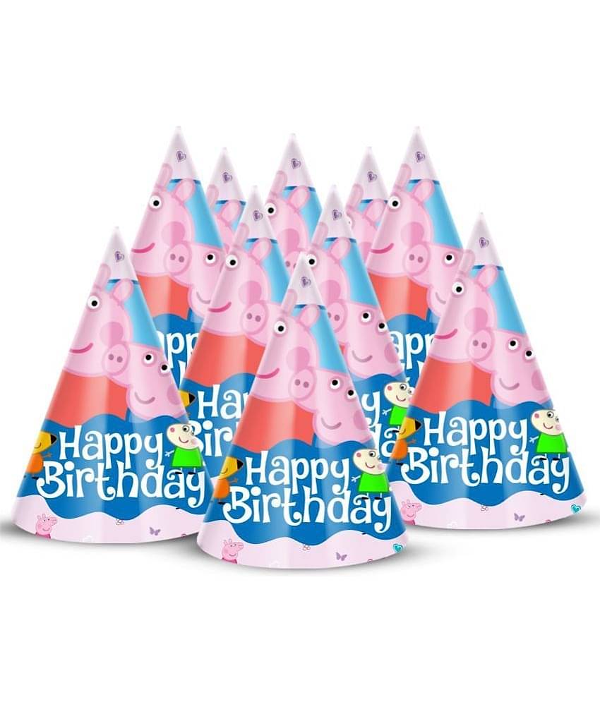 Zyozi Peppa Pig Theme Birthday Party Hats, Happy Birthday Cone Party Hats for Kids Birthday Party - Peppa Pig theme Birthday Party Supplies and Decorations (Pack of 10)