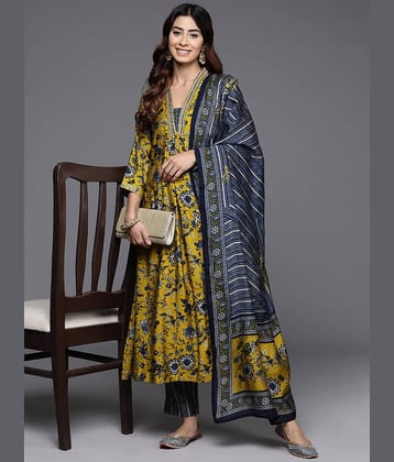 A TO Z CART Women Cotton Blend Printed A-line Kurti With Pants ( Yellow )