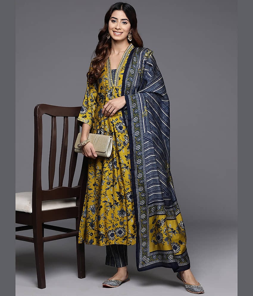 A TO Z CART Women Cotton Blend Printed A-line Kurti With Pants ( Yellow )