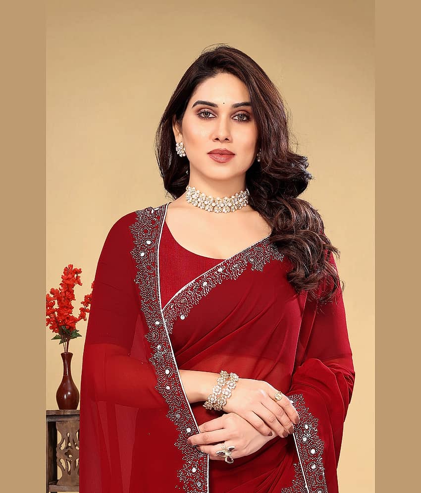 VEERAIVA Georgette Embroidered Saree With Unstitched Blouse Piece ( Lavender )