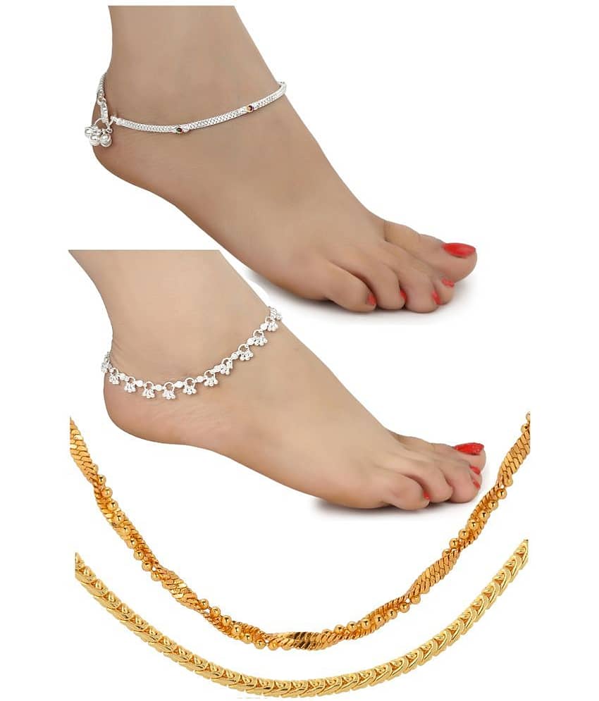 AanyaCentric Silver Plated 1 Pair Anklet 2nos 28inches Long Chains Combo