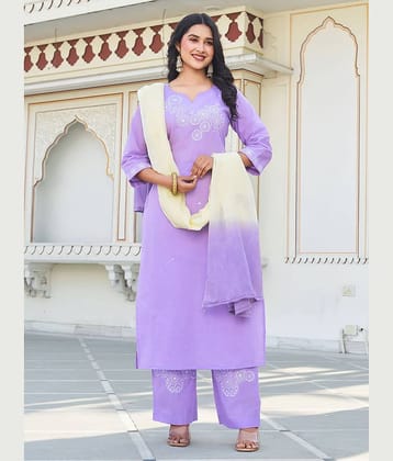 TRAHIMAM Women Cotton Embroidered Straight Kurti With Pants ( Purple )