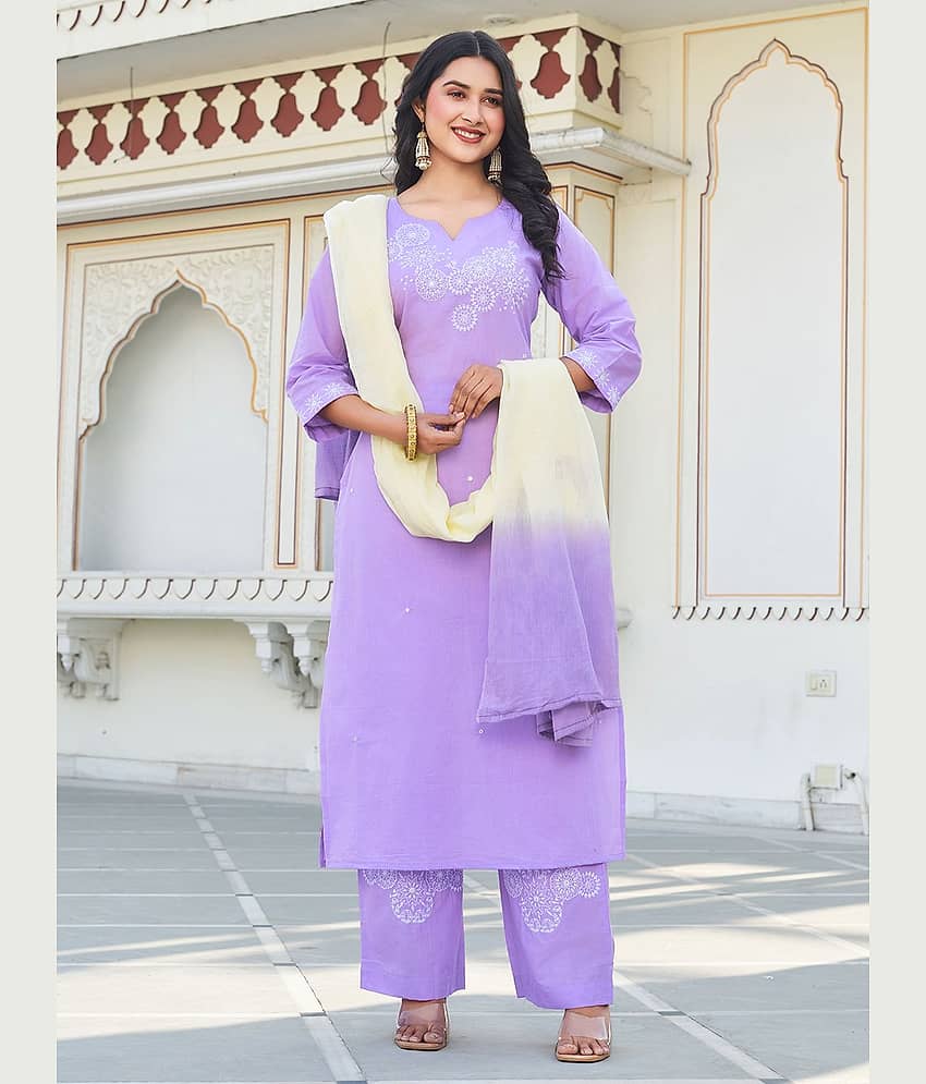 TRAHIMAM Women Cotton Embroidered Straight Kurti With Pants ( Purple )
