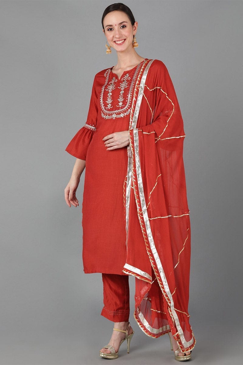 Rust Polyester Gotta Patti Straight Suit Set PKSKD1283