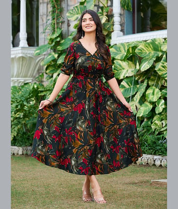 VIBEVISION Pack of 1 Cotton Silk Printed Anarkali Women's Kurti - ( Black )