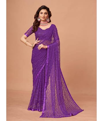 VANRAJ CREATION Brasso Self Design Saree With Unstitched Blouse Piece ( Purple )
