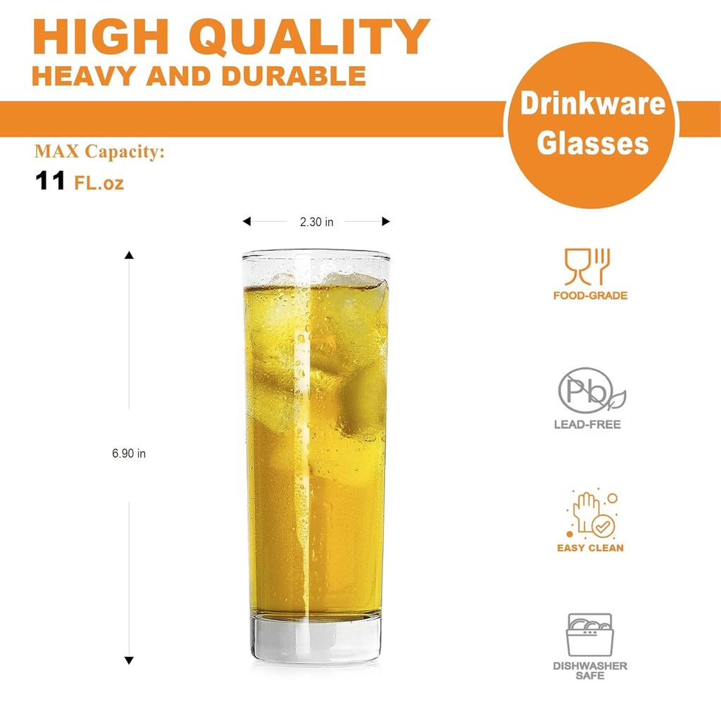 Drinking Glasses | 270 ML | Highball Glass | Heavy Base Tumbler | Premium Tall Cup for Water, Juice, Beer, Wine, Whiskey, Cocktail and Mixed Drink