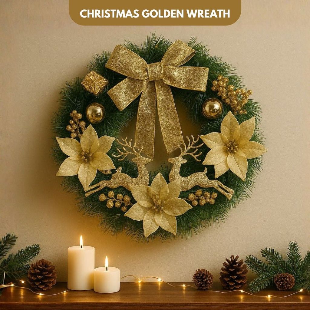 Christmas Wreath Golden w/Reindeer, Cherries, Bells & Bows 18" - Party and Festive Needs | Buy online on ZillyBuy