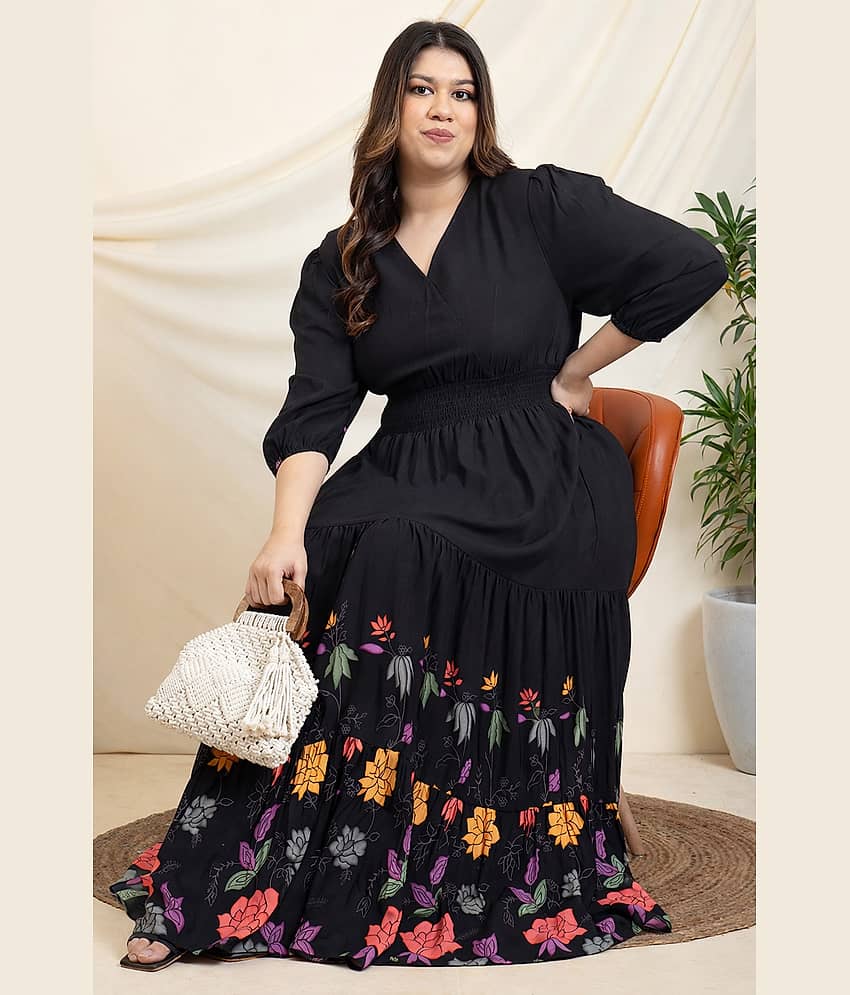 Femvy Women Crepe Printed Anarkali Kurti ( Black )