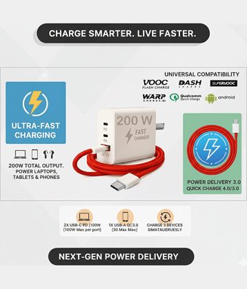 200W Super Fast Charger | Triple Port PD + QC 3.0 | Universal Adapter for Android, iPhone, Laptop | Supports VOOC, WARP, DASH, SUPERVOOC & Qualcomm Quick Charge | Type-C Fast Charging Adapter