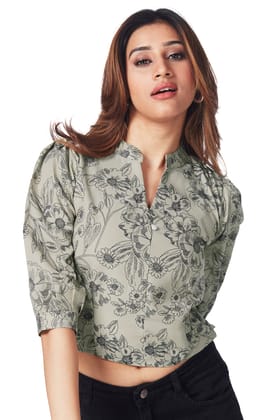 Printed Crop Top with Central Broach-GREEN / L