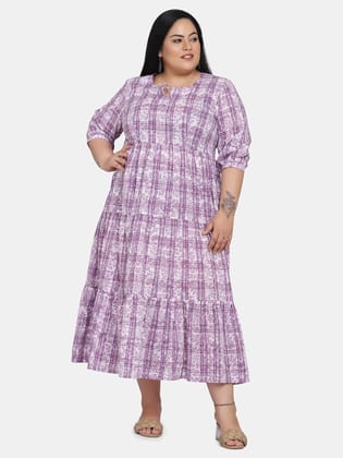 Print Tiered Long Cotton Dress - Purple-10XL