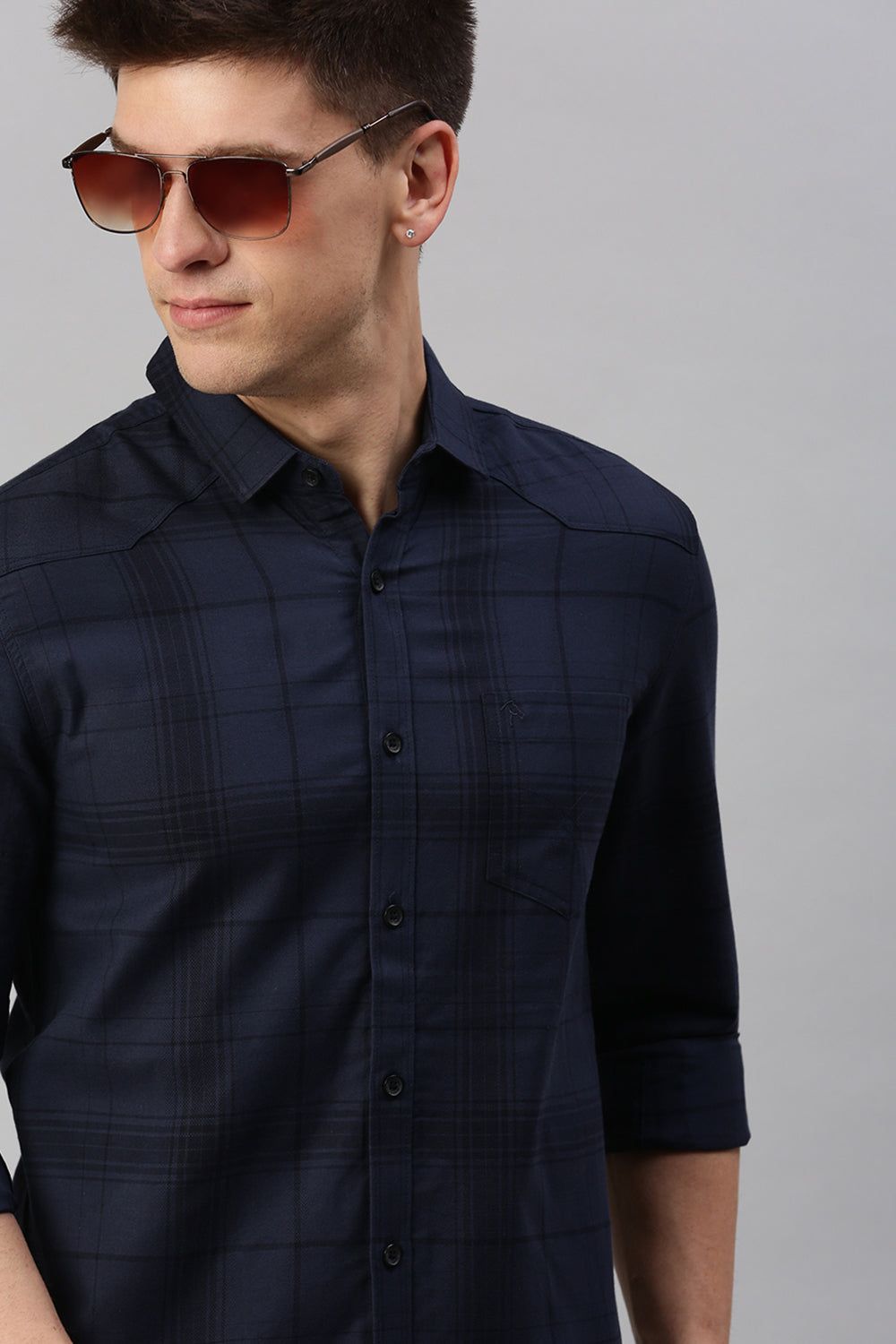 CP BRO Men's Cotton Full Sleeve Checked Slim Fit Collar Neck Navy Color Woven Shirt | Sbo1-44 B