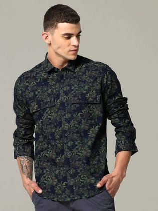 Midnight Navy Olive Printed Shirt-S / Indigo navy