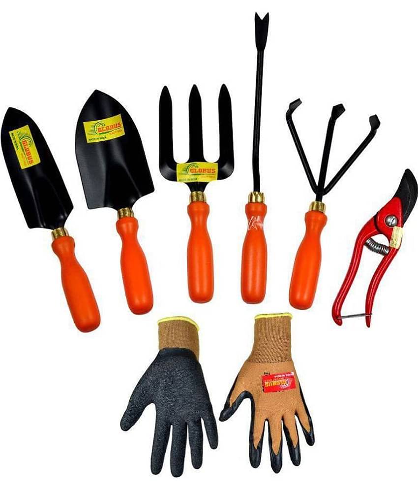 Globus Garden Tool  Set of 7( RED GARDEN SET/5 + 8 INCH RED STEEL PRUNER + Garden Gloves)