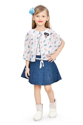 Be:Kids Peach Blossom Breeze Floral Kimono and Denim Color Skirt Set