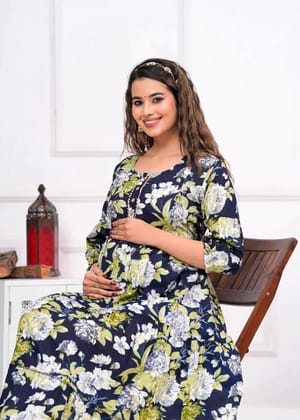 ComfyFeed Cambric Pure Cotton Maternity Cum Feeding Kurti(Dark Blue with Green)-M