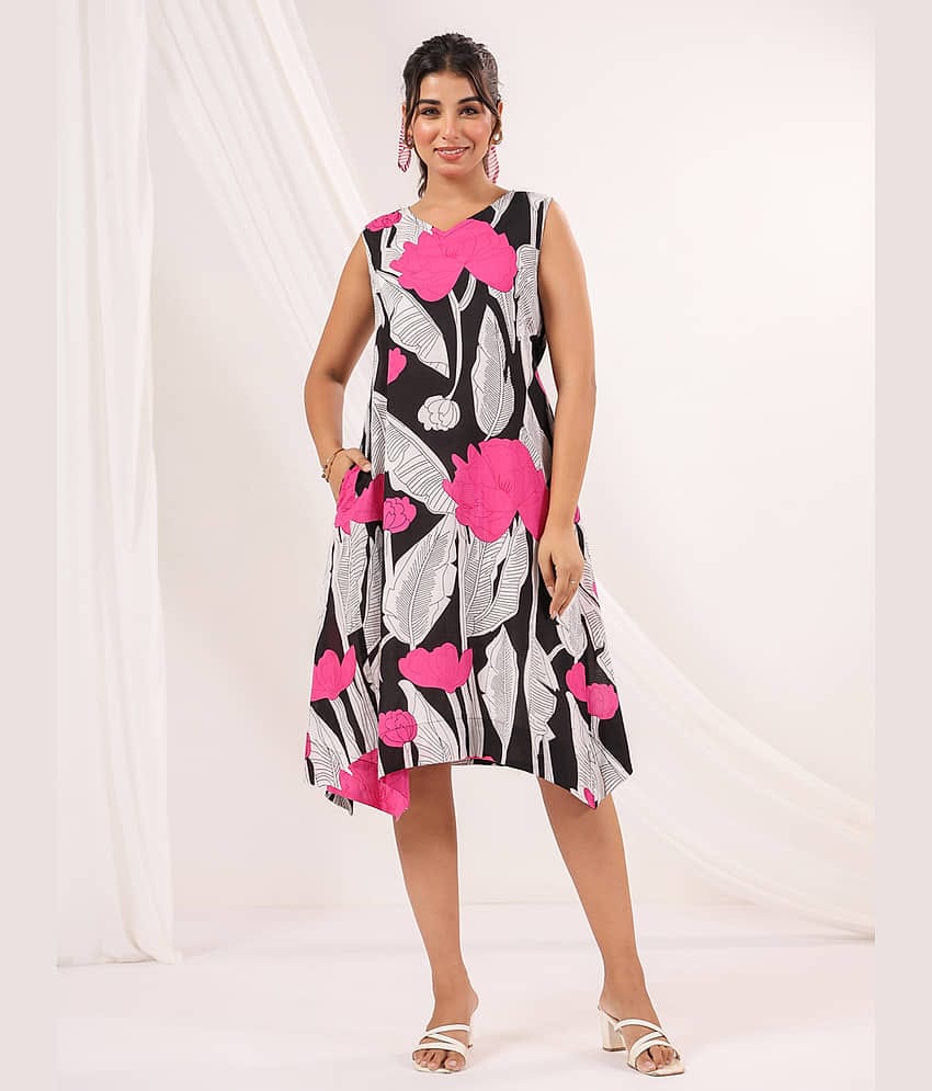 Janasya Women Cotton Printed Asymmetric Dress ( Black )