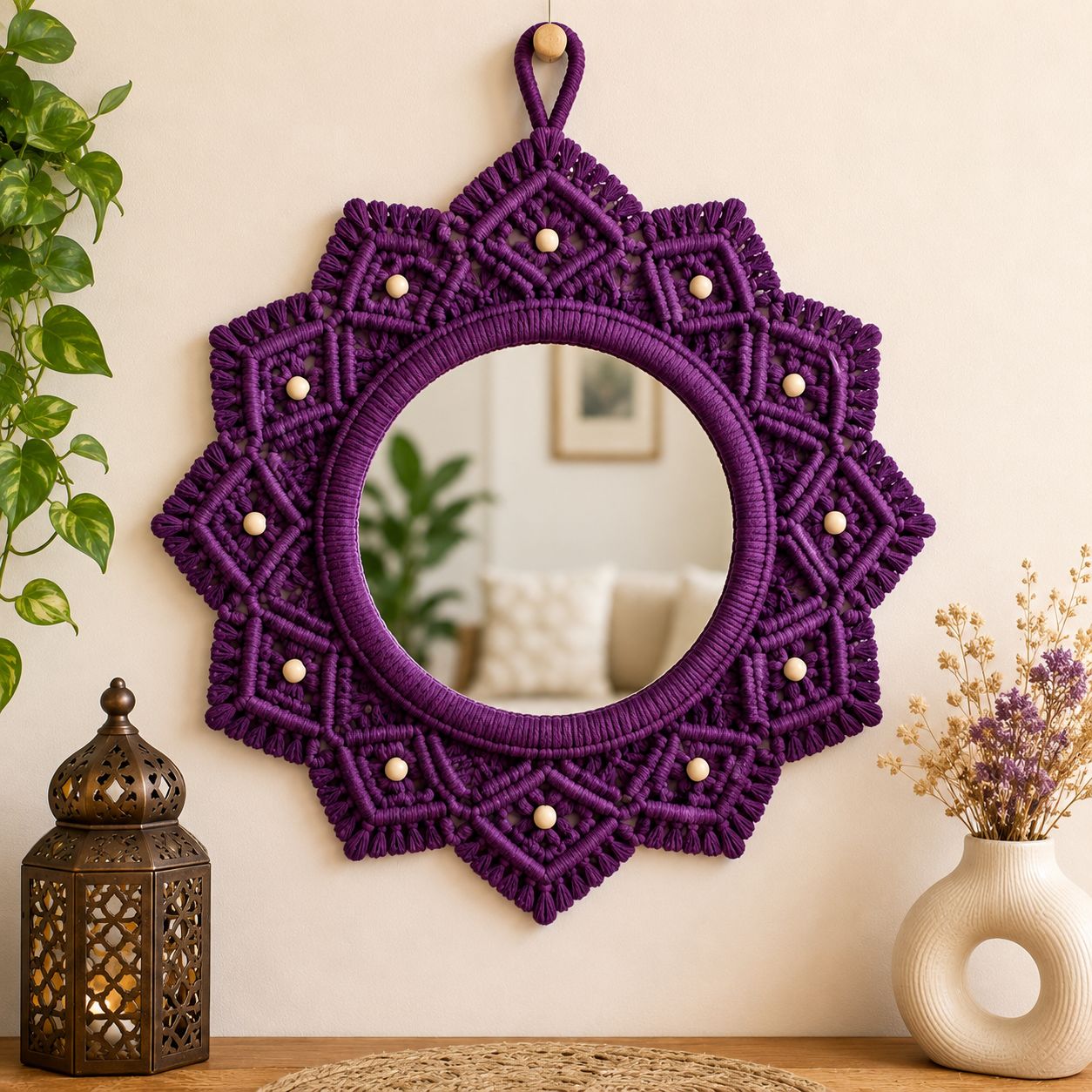 Alok Creations Handcrafted Macram Mirror for Elegant Wall Décor