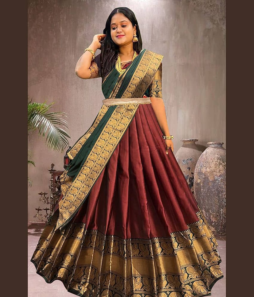 Trijal Fab Maroon Jacquard Circular Semi Stitched Lehenga Single