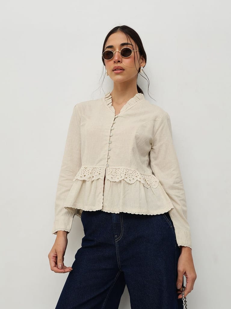 Beige Vintage Ruffle Top