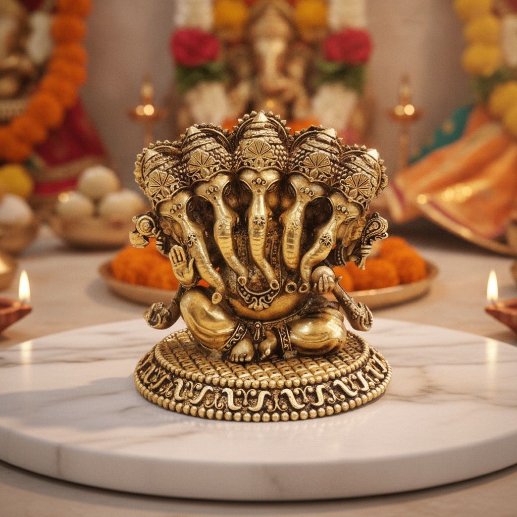 Brass Panchmukhi Ganesh Idol Statue for Home Temple & Gifting, Height : 4 Inch (BSMAS1935 C)