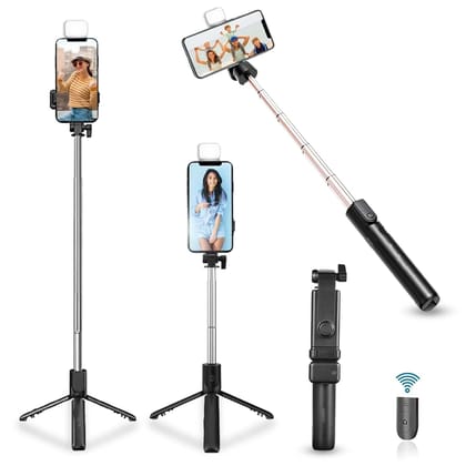 HOLD UP Selfie Stick with Tripod Stand, 3 in 1 Multifunctional Design, Rechargable LED Light with Two Brighness Levels for Make up, Selfie, Vlogging & Photo Shoot, Selfie Stick with Bluetooth Remote black