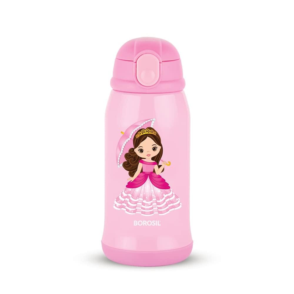 Borosil Princess 500 ml Stainless Steel Kids Sipper Water Bottle | Double Wall Vacuum Insulated Flask | 12 Hours Hot Cold| Pink